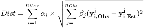 \[ Dist = \sum_{i=1}^{n_{Var}} \alpha_i \times \sqrt{ \sum_{j=1}^{n_{Obs}} \beta_{j} (\mathbf{y^{j}_{i,Obs}} - \mathbf{y^{j}_{i,Est}})^{2}} \]